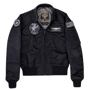 Cockpit USA VX‑31 Flight Bomberjack | Patchontwerp militaire luchtvaart | Zwart leren pilotenstijl heren