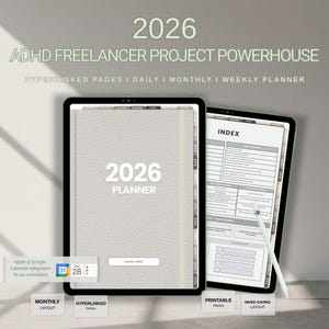 May include: Two digital tablets displaying a 2026 planner. The first tablet shows the cover with the text "2026 PLANNER". The second tablet displays an index page. Additional text includes "ADHD FREELANCER PROJECT POWERHOUSE" and "HYPERLINKED PAGES I DAILY I MONTHLY I WEEKLY PLANNER".
