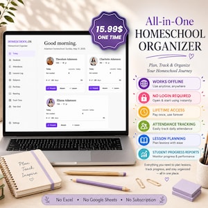 Planificateur d'applications Web pour l'école à la maison | Planificateur de cours pour plusieurs enfants | Programme hebdomadaire + suivi des progrès | Présence, portfolio, rapport de fin d'année