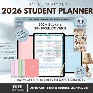 Puede incluir: Un planificador digital para estudiantes de 2026, con un diseño minimalista. La imagen muestra una tableta que muestra el índice del planificador, junto con planificadores físicos, pegatinas y el texto "500 + Stickers" y "10+ Free Covers". El planificador está totalmente enlazado y sin fecha.