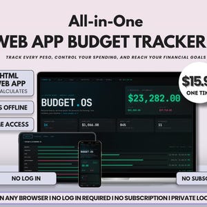 Peut inclure: Publicité pour un traqueur de budget d'application web, affichée sur un ordinateur portable, une tablette et un smartphone. L'interface de l'application affiche des données financières. Le texte comprend "All-in-One WEB APP BUDGET TRACKER" et des fonctionnalités telles que "HTML WEB APP".