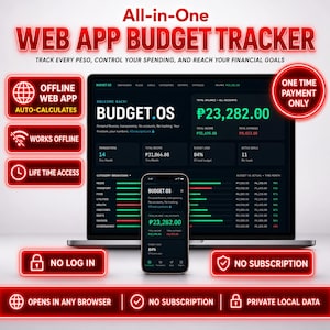 May include: A laptop and smartphone displaying the Budget.OS web app interface with dark mode, green text, and financial data. Text includes All-in-One WEB APP BUDGET TRACKER, OFFLINE WEB APP, WORKS OFFLINE, LIFE TIME ACCESS, NO LOG IN, and NO SUBSCRIPTION.