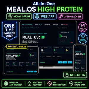 May include: A digital meal planning software interface displayed on a laptop, tablet, and smartphone. The dark-themed dashboard features neon green and blue text, including 'MEAL.OS HIGH PROTEIN', 'WORKS OFFLINE', 'WEB APP', 'LIFETIME ACCESS', and 'NO SUBSCRIPTION'.