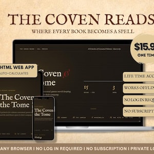 May include: An advertisement for "The Coven Reads" featuring a laptop, tablet, and smartphone displaying the app's interface. The text includes "The Coven Reads" and "Where Every Book Becomes a Spell." Additional text highlights features like "Life Time Access" and "Works Offline."