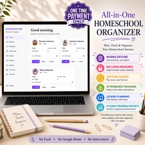 Planificateur d'applications Web pour l'école à la maison | Planificateur de cours pour plusieurs enfants | Programme hebdomadaire + suivi des progrès | Présence, portfolio, rapport de fin d'année
