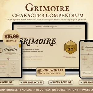 Könnte beinhalten: Ein digitales Charakterkompendium namens "Grimoire" wird auf einem Tablet, Laptop und Smartphone angezeigt. Die App zeigt eine Würfelgrafik und den Text "Critical Success". Die App wird als offline-fähig und mit lebenslangem Zugriff beworben.