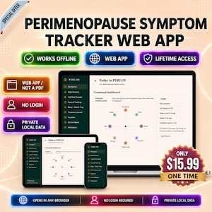 May include: A Perimenopause Symptom Tracker web app displayed on a laptop, tablet, and smartphone. The interface features a command dashboard with a hormone constellation chart, daily check-in options, and labels for offline use, lifetime access, and private local data.