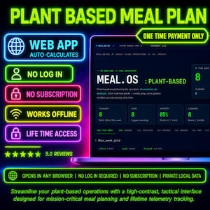 Könnte beinhalten: Eine digitale Benutzeroberfläche für einen pflanzlichen Ernährungsplan auf einem Laptop-Bildschirm mit neonfarbenen Textfeldern. Der Bildschirm zeigt Datenmetriken, einschließlich geplanter Mahlzeiten, protokollierter Portionen und Vielfaltsprozentsätze, sowie eine Liste von Funktionen wie kein Abonnement, funktioniert offline und lebenslanger Zugriff.