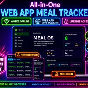 May include: A digital meal tracking web application displayed on a laptop and mobile screen. The interface features neon-style text including "All-in-One WEB APP MEAL TRACKER," "NO SUBSCRIPTION," "NO LOG IN," and "WORKS OFFLINE" against a dark background.