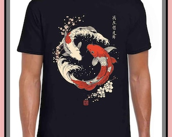 Yin Yang The Great Wave Off Koi Fish Cherry Blossoms | Vintage Graphic Tee | Cute Trendy Shirt | Unisex Adult Kid | Aesthetic Gift | GA992