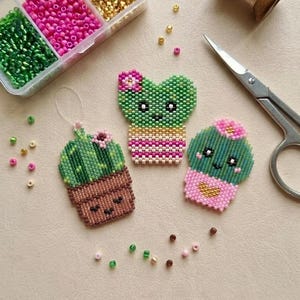 Beaded Cactus Pattern Set of 3, Miyuki Delica Bead Weaving Tutorial, Peyote or Brick Stitch Cute Cactus PDF, Kawaii Plant Beading Pattern