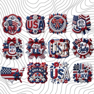 Könnte beinhalten: Eine Sammlung patriotischer Stick-Patches in Rot, Weiß und Blau. Designs beinhalten USA, die amerikanische Flagge, Schleifen, Sterne und florale Akzente. Mehrere Patches zeigen den Text "4th of July".