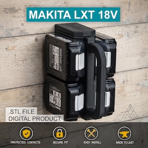Puede incluir: Un soporte de batería de plástico negro para baterías Makita LXT 18V, con un asa central y cuatro ranuras para un almacenamiento seguro. El texto MAKITA LXT 18V y .STL FILE DIGITAL PRODUCT es visible en la imagen.