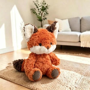 May include: A plush fox toy with orange, white, and brown fur. The stuffed animal has a fluffy tail, ears, and paws. It is sitting on a beige rug.