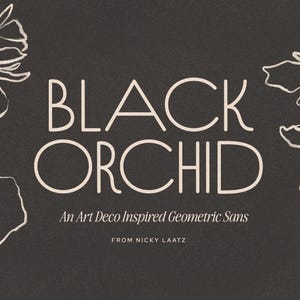 Puede incluir: Un gráfico gris oscuro que presenta el texto BLACK ORCHID en una fuente sans-serif geométrica de color claro, con el subtítulo An Art Deco Inspired Geometric Sans FROM NICKY LAATZ, enmarcado por delicadas ilustraciones de líneas de orquídeas.