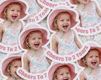 Cheers To 2 Years Photo Sticker,Custom Baby 2nd Birthday Sticker,Birthday Party Favor Stickers,Personalized Photo Labels for Goodie Bags