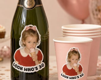 Look Who's 30 Sticker,30th Birthday Humor Decals,Party Favor Stickers for Cups & Bottles,30th Birthday Labels,Turning 30 Party Favors