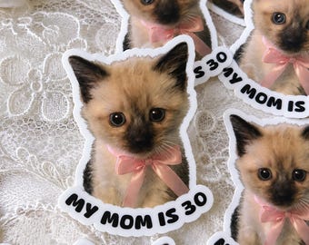 My Mom Is 30 Cute Sticker, 30th Birthday Party Favor Stickers, Funny Cat Meme Stickers for Cups Bags Balloons, Birthday Party Decor