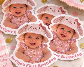 Personalisierte Babyfoto-Aufkleber zum 1. Geburtstag, Aufkleber mit individuellem Gesichtsausschnitt, Deko- und Gastgeschenk-Etiketten für die erste Geburtstagsparty eines süßen Mädchens