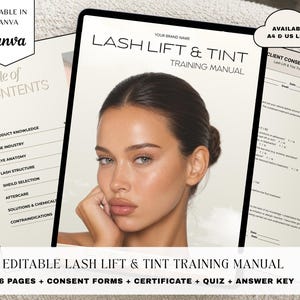 Könnte beinhalten: Ein bearbeitbares Lash Lift & Tint Schulungshandbuch mit Inhaltsverzeichnis, Einverständniserklärungen für Kunden und einem Deckblatt mit dem Foto einer Person. Das Dokument enthält Abschnitte zu Produktwissen, Augenanatomie und Nachsorge.