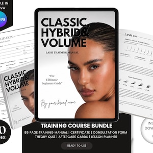 Puede incluir: Un paquete de formación de pestañas de 90 páginas que incluye un manual titulado Classic Hybrid & Volume, un formulario de consulta al cliente y páginas educativas. La portada muestra un retrato y el texto The Ultimate Beginners Guide.