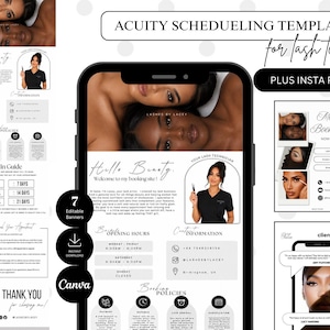 May include: A digital Acuity scheduling template for lash technicians featuring a black and white layout with text, including sections for opening hours, contact information, booking policies, and client reviews, displayed on a smartphone screen.