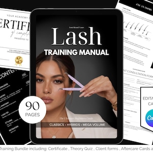 Könnte beinhalten: Ein digitales Wimpernschulungshandbuch auf einem Tablet-Bildschirm mit einem Cover, das den Text Lash Training Manual, Classics, Hybrids, Mega Volume und 90 Pages enthält. Begleitende Dokumente umfassen ein Zertifikat, Inhaltsverzeichnis und Formulare.