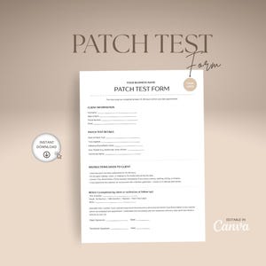 Puede incluir: Un formulario de prueba de parche imprimible en blanco con secciones para información del cliente, detalles de la prueba, instrucciones y resultados. El documento incluye campos de texto para nombres, fechas y firmas, un marcador de posición de logotipo circular y un icono de descarga.