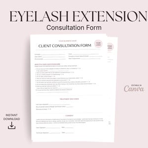 Puede incluir: Un formulario de consulta para extensiones de pestañas en color blanco con texto negro. El documento incluye secciones para información personal, un cuestionario de salud y piel, detalles del tratamiento y un área de consentimiento con firmas.