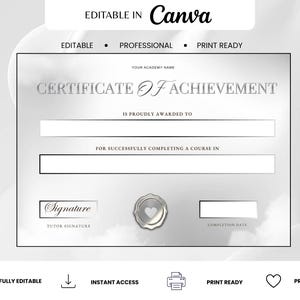 Può includere: Un modello digitale di certificato di conseguimento con estetica metallica argentata e campi di testo per il nome dell'accademia, il destinatario, il corso, la firma del tutor e la data. Include un sigillo centrale con un'icona a cuore.