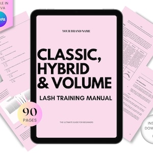 Puede incluir: Un manual digital de capacitación en pestañas en una tableta, con el texto "CLASSIC, HYBRID & VOLUME LASH TRAINING MANUAL". El manual está rodeado de papeles rosas con texto y un cuestionario. La imagen también incluye un logotipo de Canva y un botón que dice "Descarga instantánea".