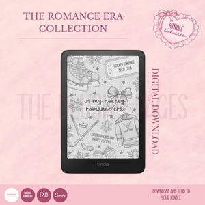 May include: A Kindle e-reader displaying a digital download titled "in my hockey romance era." The screen features illustrations of ice skates, hockey sticks, and a jersey. The text "The Romance Era Collection" is at the top. A pink heart with "Kindle lookscreen" is in the upper right.