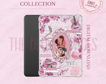 May include: A clear Kindle case with a pink floral design, butterflies, and a central oval portrait of two people embracing. The case features text and a guitar illustration. The words "Hannah & Garrett" are visible.