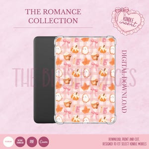May include: A Kindle insert featuring a repeating pattern of ghosts, pumpkins, autumn leaves, pink bows, and coffee cups on a light pink gingham background. The text reads THE ROMANCE COLLECTION, KINDLE INSERT, and DIGITAL DOWNLOAD.