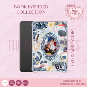 May include: Kindle case with a collage design featuring hockey players, butterflies, and floral elements. The case includes text that reads "Book Inspired Collection," "Kindle Insert," and "Digital Download."