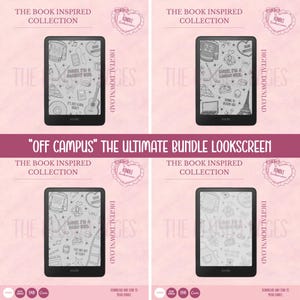May include: A digital download bundle for Kindle e-readers. The image shows four Kindle devices with different lock screens. The screens feature college-themed illustrations and the text "OFF CAMPUS" and "THE BOOK INSPIRED COLLECTION".