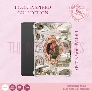 May include: Kindle case with a romantic design. It features a couple in an ornate frame, surrounded by floral and vintage elements in green and beige. Text includes "Book Inspired Collection" and "Kindle Insert".