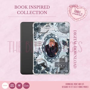 May include: A Kindle case with a romantic theme. The design features a central framed image of a couple, surrounded by butterflies, roses, and text. The words "BOOK INSPIRED COLLECTION" are at the top.