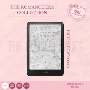 May include: A black Kindle e-reader displaying a fantasy-themed digital download. The screen features illustrations of a dragon, crown, and text that reads "in my fantasy romance era" and "Give me a Shadow Daddy." The text "The Romance Era Collection" is at the top.