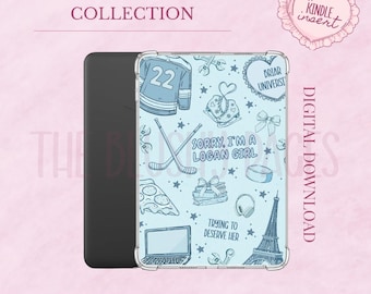 May include: A Kindle case with a light blue design featuring a hockey jersey, crossed hockey sticks, and the text "Sorry, I'm a Logan Girl." The case also includes a laptop, pizza slice, and Eiffel Tower illustration. The text "The College Collection" is at the top.
