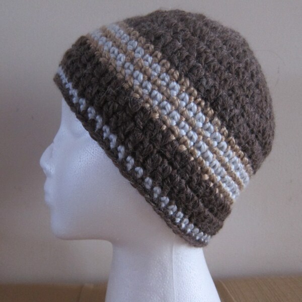 Brown Alpaca Wool Beanie Crocheted with Stripes, Wool Stripe Crocheted Beanies, Alpaca Wool Beanies, Brown and Blue Beanie