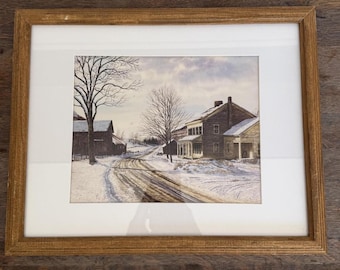 Vintage Winter Scene Wood Frame Print Cottage Lithograph 12 x 16