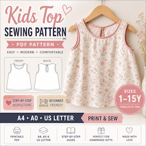 May include: A sewing pattern for a kids' top, featuring a floral print tank top with pink trim. The image includes diagrams, text reading "Kids Top Sewing Pattern," and size range from 1-15Y. The pattern is described as easy, modern, and comfortable.