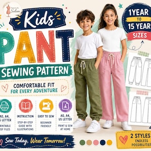 以下が含まれることがあります： 「Kids Pant Sewing Pattern」のテキストが入った子供用パンツの縫製パターン。画像には、緑とピンクのパンツを着用した2人の子供が写っています。パターンは1歳から15歳までのサイズに対応し、2つのスタイルが含まれています。「Comfortable Fit For Every Adventure」のテキストも表示されています。
