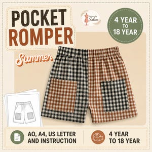 Puede incluir: Pantalones cortos a cuadros negros y marrones con bolsillos. El texto "POCKET ROMPER Summer" es visible. El patrón es para edades de 4 a 18 años e incluye instrucciones AO, A4 y US Letter. Ideal para el verano.