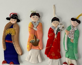 4 Chinese Handcrafted Paper and Silk Dolls