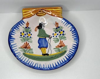 Vintage Henriot Quimper French Clam Shell Shaped Dish  Breton Man