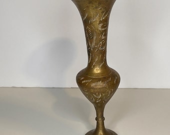 Vintage Brass Etched Pedestal Bud Vase India