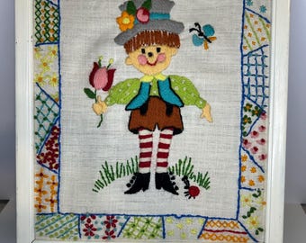Vintage Framed Needle Point Embroidery of a boy in a flower field kid core