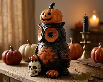Spooky Resin Halloween Owl Statue with Jack-O'-Lantern Head & Skull Claw | Large 12” Black  Orange Gothic Home Decor, Occult Witch Figurine